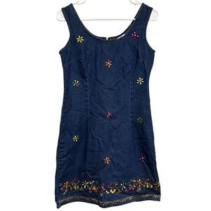 VTG California Concepts Daisy Floral Embroidered Blue Denim Mini Tank Dress Sz 7